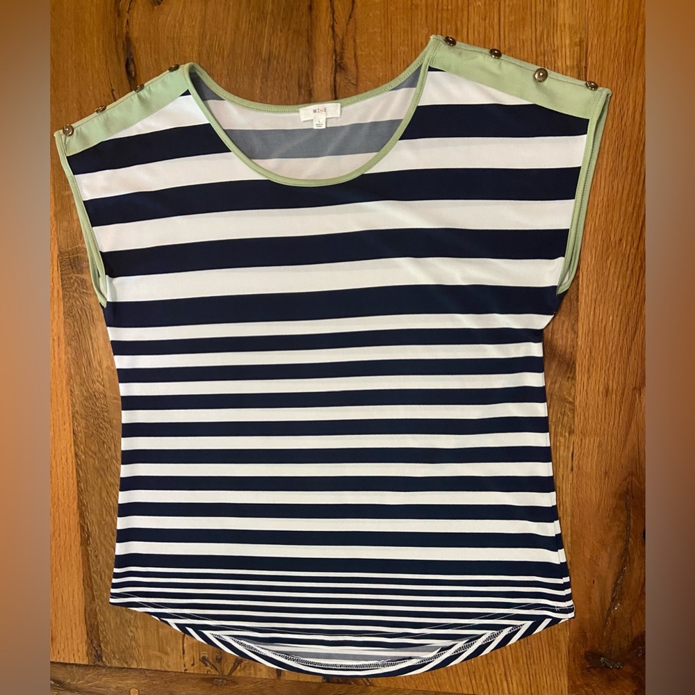 Mine Stretch Navy Blue and White Striped Top, Pretty Sage Green Trim, Size Large